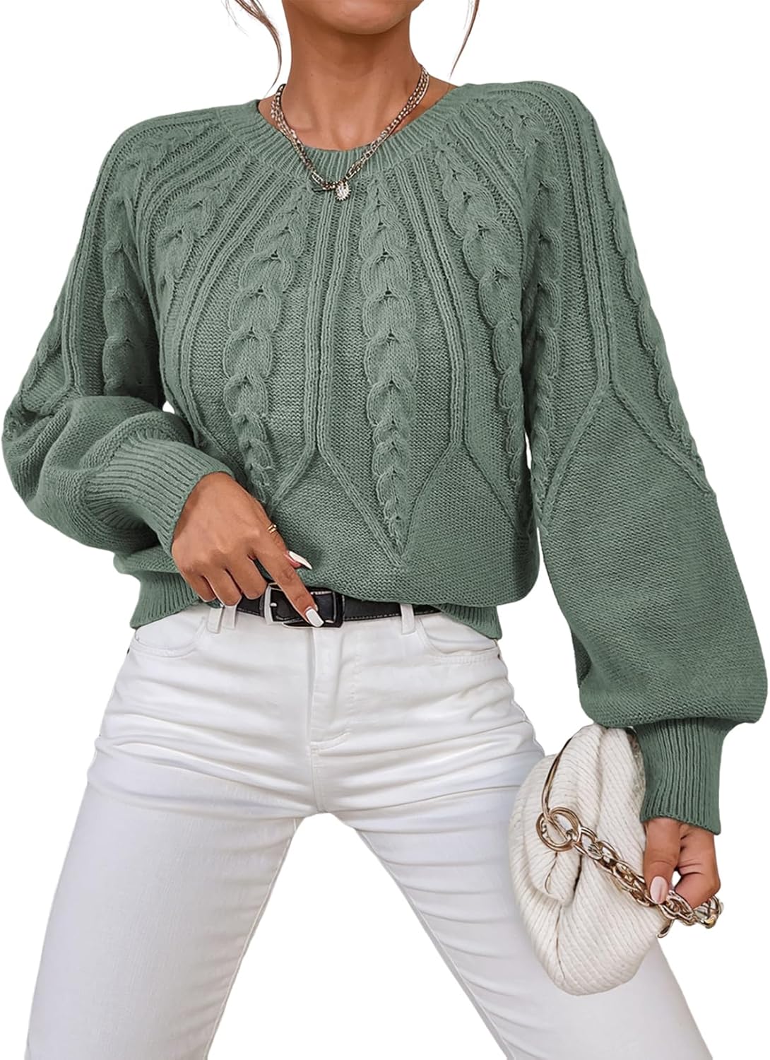Dokotoo Womens Cable Knit Sweater with Lantern Sleeves for Fall