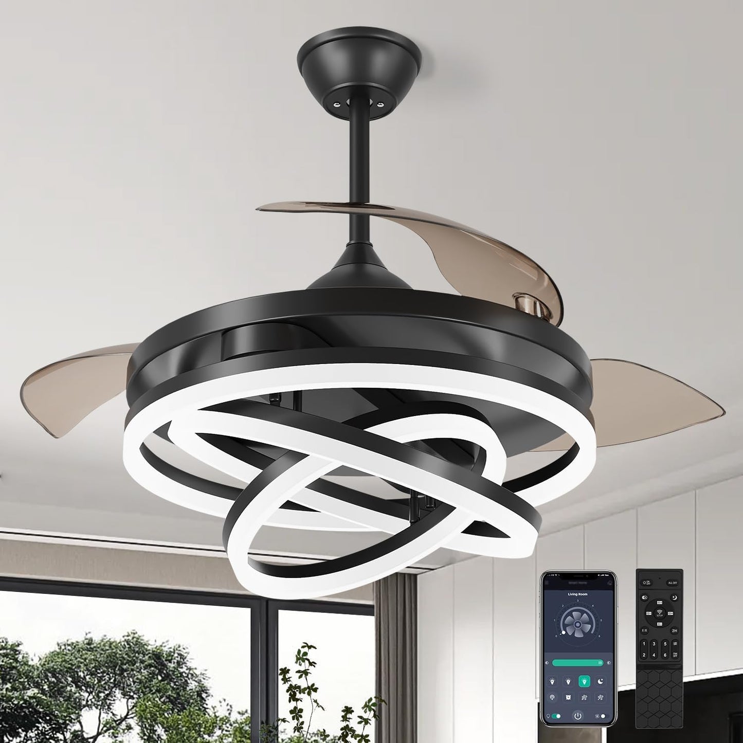 Retractable Ceiling Fan with Light - Modern 42 Inch Fandelier