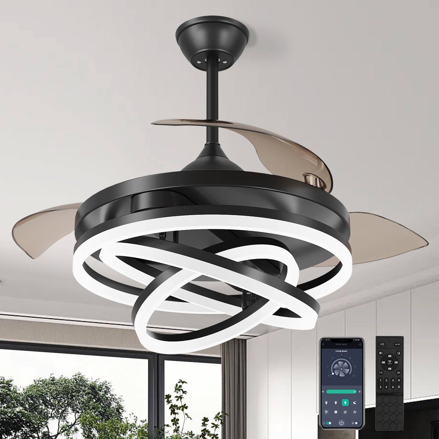Retractable Ceiling Fan with Light - Modern 42 Inch Fandelier
