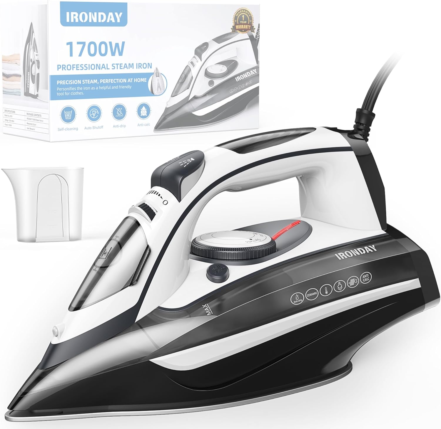 Steam Iron for Clothes with Fast Heat-up and Large Water Tank