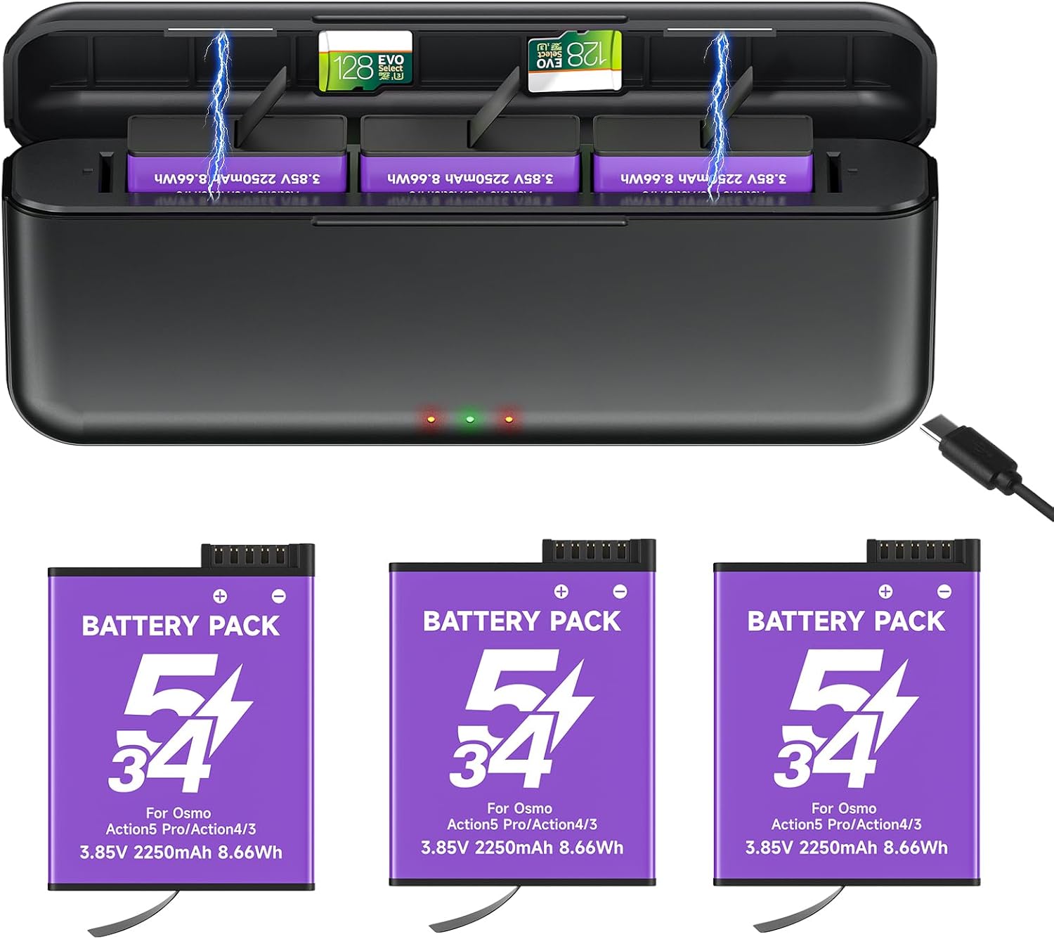 Palogreen Osmo Action 5 Pro Battery Charger with 3-Pack Batteries