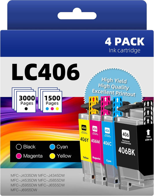 High Yield LC406 Ink Cartridges for Brother Printers - 4 Pack