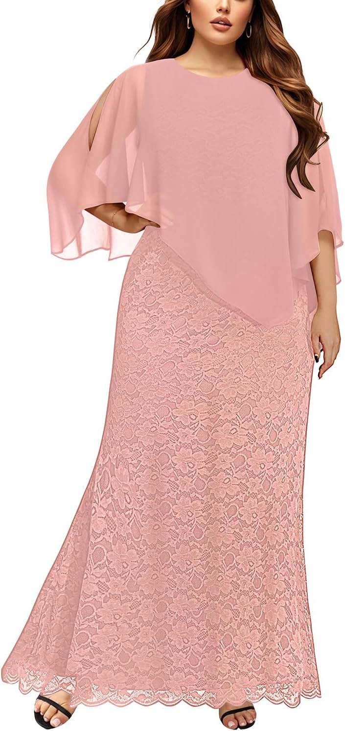 Women's Plus Size Cape Dress with Chiffon Overlay for Glam Events