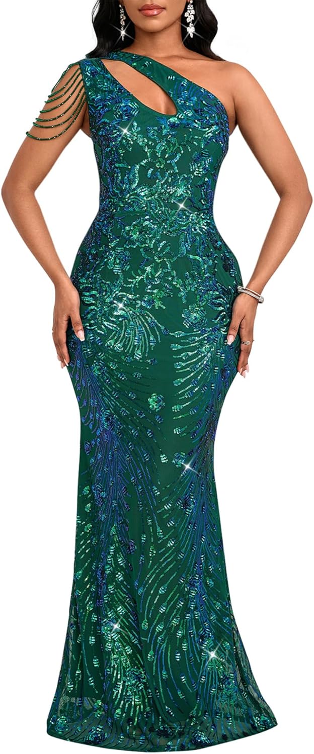 Elegant One Shoulder Sequin Mermaid Bodycon Evening Dress