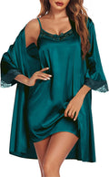 Ekouaer Satin Nightgown with Robe 2-Piece Set - Soft Lace Cami