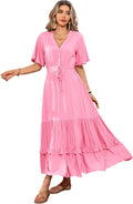 Womens Summer Cotton Rayon V Neck Floral Midi Dress - Breathable