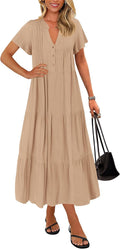 Summer Maxi Dresses for Women 2025 Short Sleeve Button V Neck Flowy