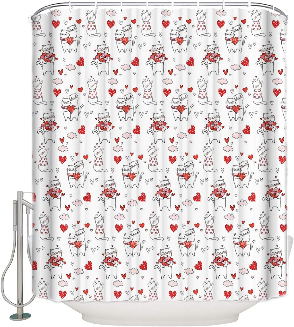 ALAGEO Cat Couple Heart Shower Curtain Set - Romantic Bathroom Decor