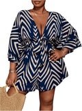 Plus Size Women's Striped V Neck Tie Front Romper - Loose Fit