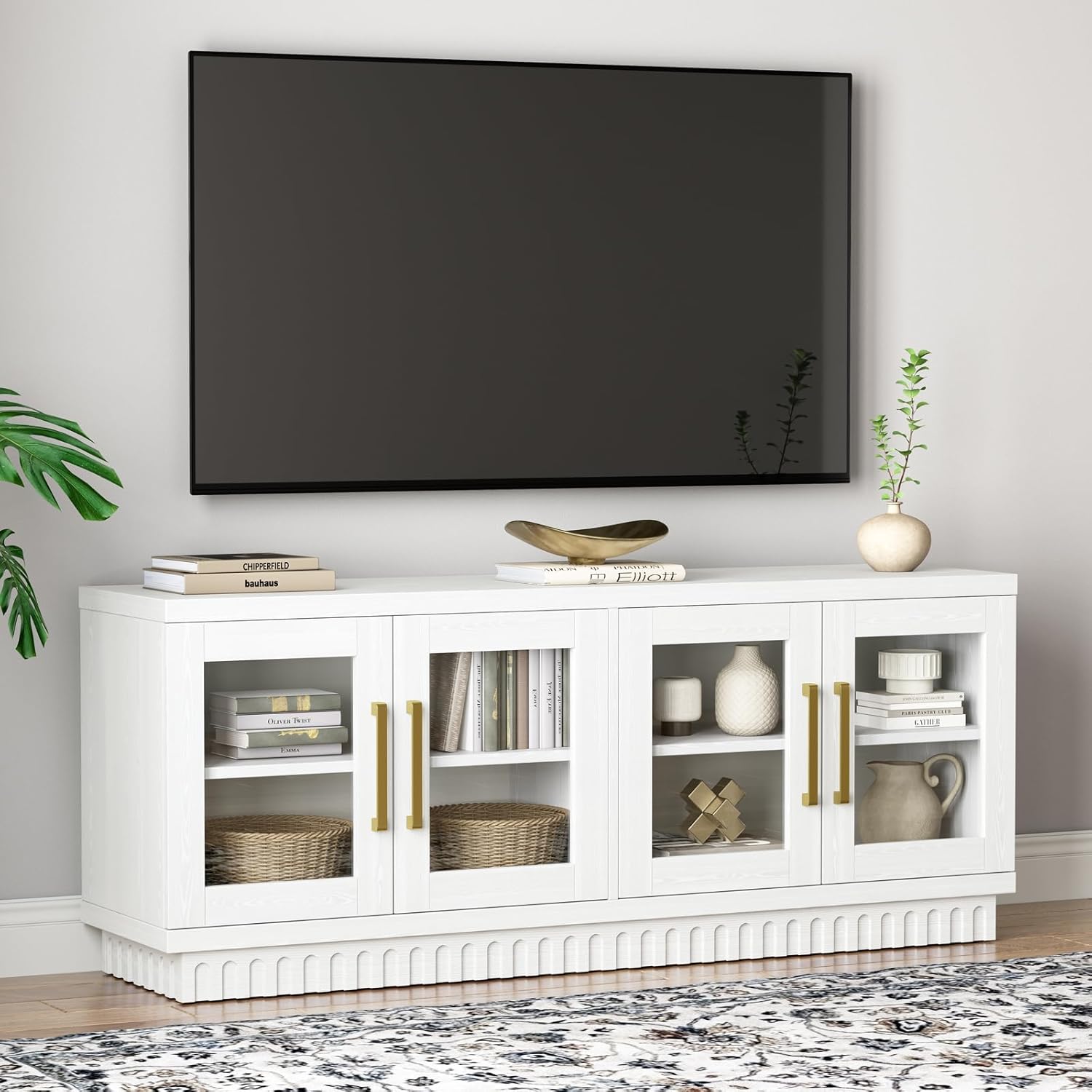 Modern TV Stand: Sleek Storage for 65 TVs, Glass Doors, Montauk White