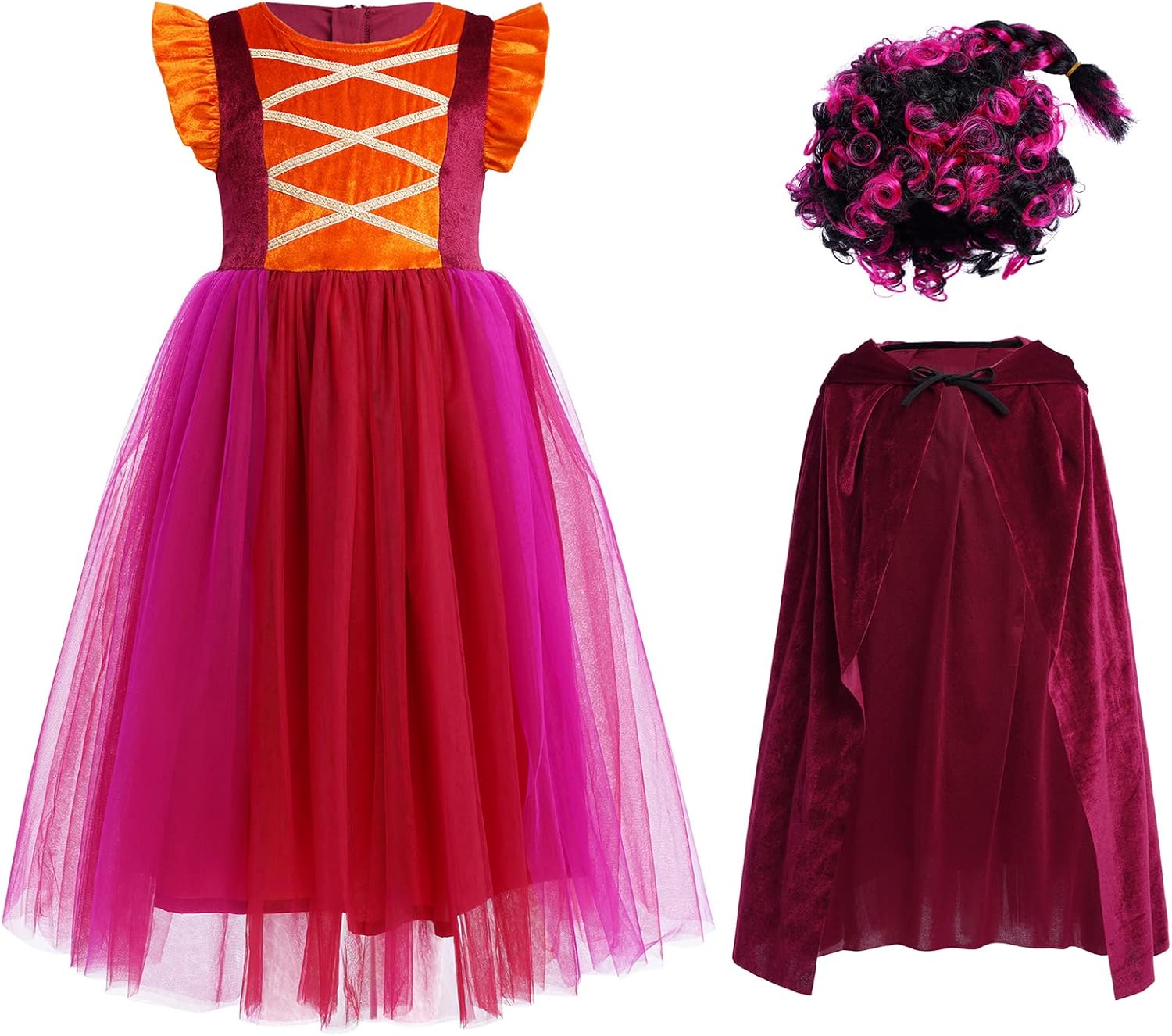 OBEEII Halloween Costume for Girls Velvet Tulle Witch Dress Set