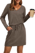 Fall Dresses for Women Loose V Neck Long Sleeve T Shirts - Tie