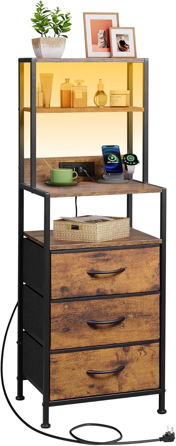WLIVE Tall Nightstand with 3 Drawers and LED Lighting Features