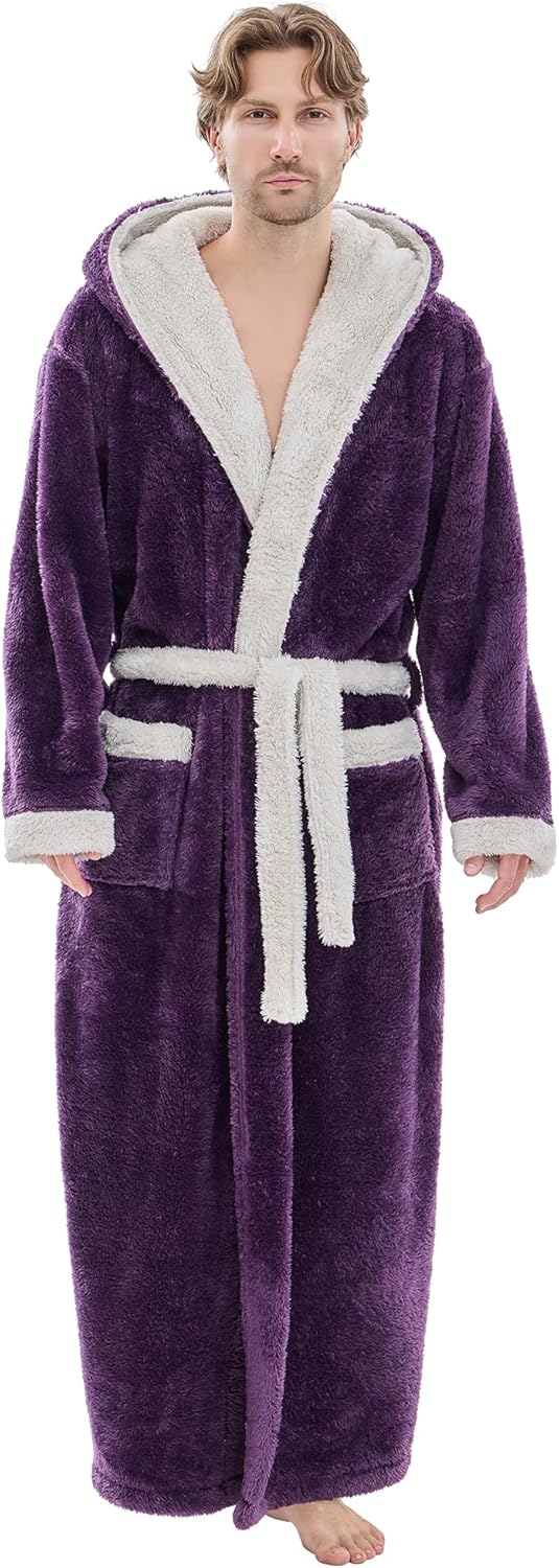 Mens Plush Robes Full Length Fleece Hooded Bathrobe Warm Cozy