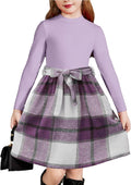 Arshiner Girls Long Sleeve Rib Knit Plaid Patchwork Belted Dress tops