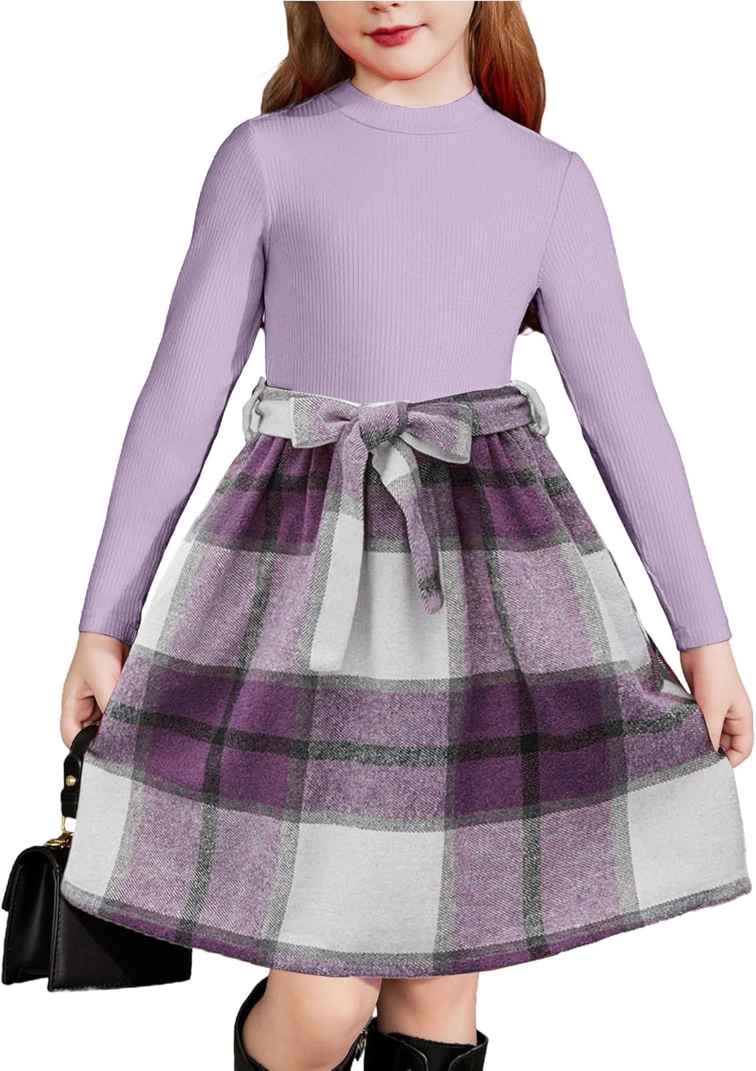 Arshiner Girls Dresses Long Sleeve Knit Plaid Dress with Pockets