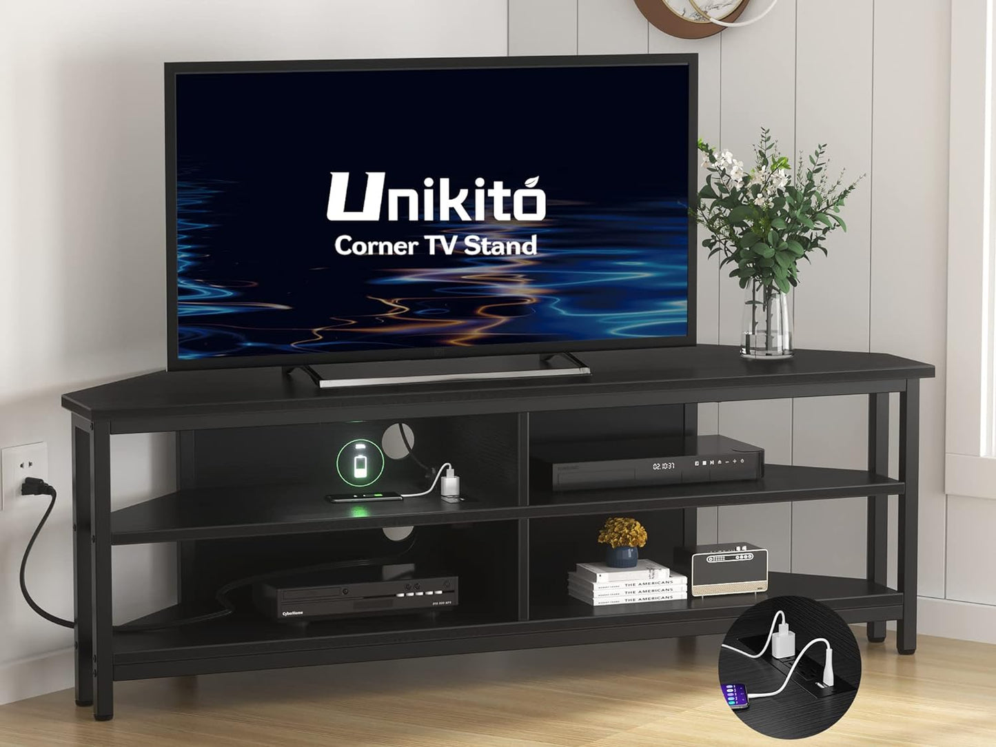 Unikito Black Corner TV Stand: Power Outlet, 4 Open Storage - 55 inch TVs