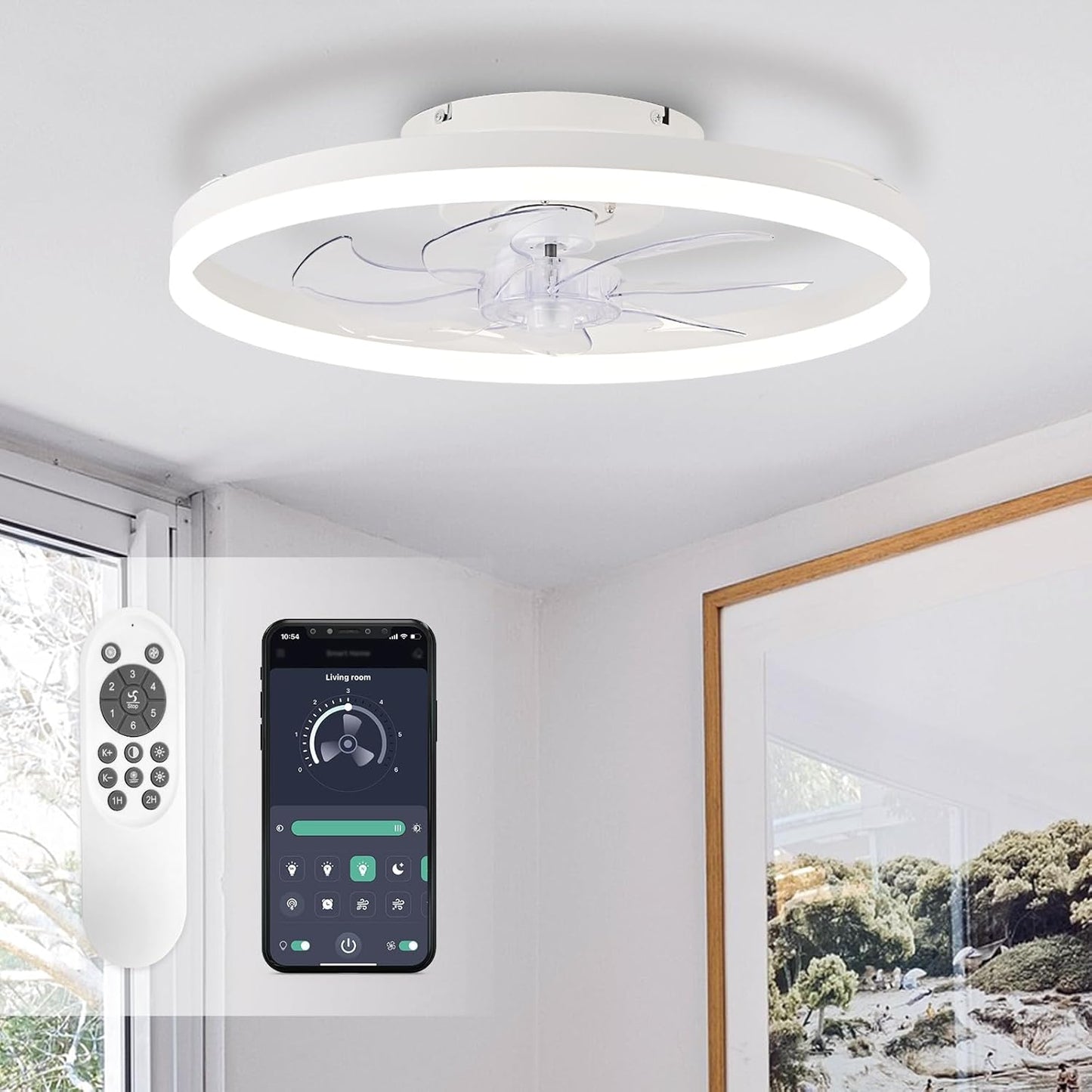 Modern 20in Flush Mount Ceiling Fan with Lights and Remote Control