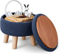 Grey-Blue Teddy Velvet Storage Ottoman - Round Footrest with Wood Legs