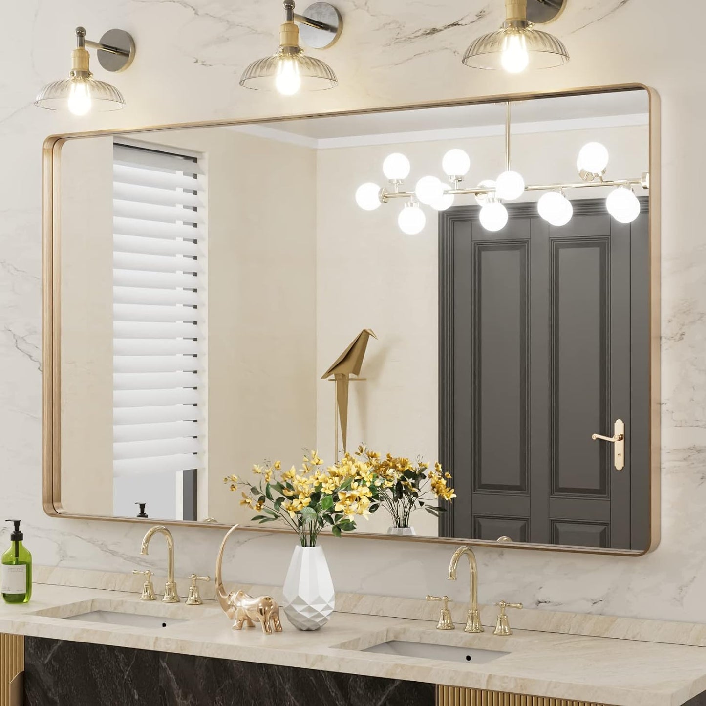 60X36 Gold Bathroom Mirror with Rounded Rectangle Frame Design