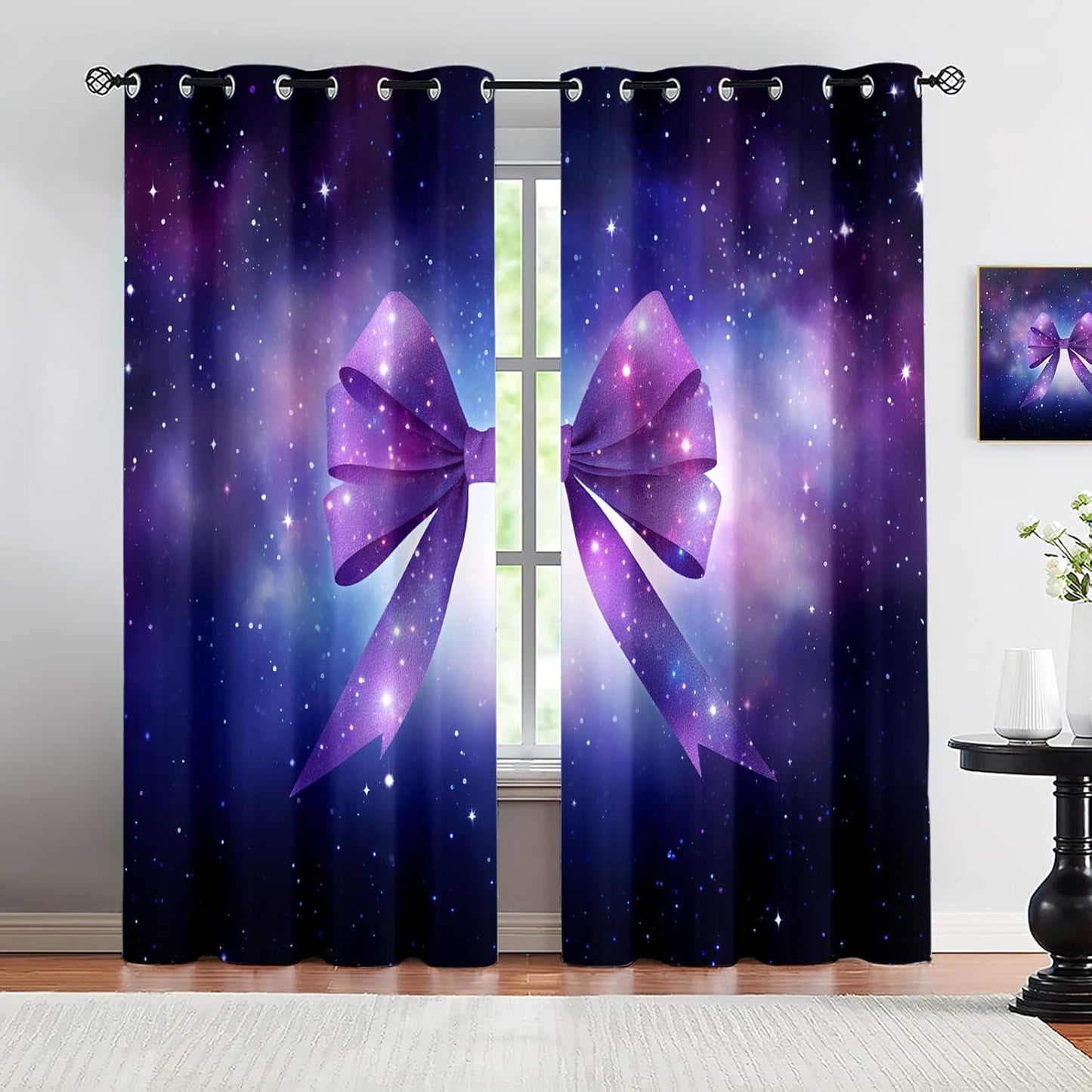 Dreamy Purple Starry Sky Bow Curtains - 26x72 2 Panels
