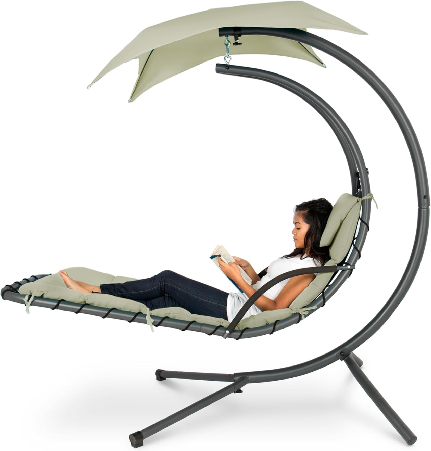Outdoor Hanging Curved Steel Chaise Lounge Chair Swing - Sage