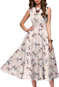 Women's Vintage Polka Dot & Floral Sleeveless O-Neck Mid-Calf Dress