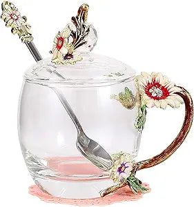 Flower Teacup Transparent Glass Teacup with Spoon and Lid