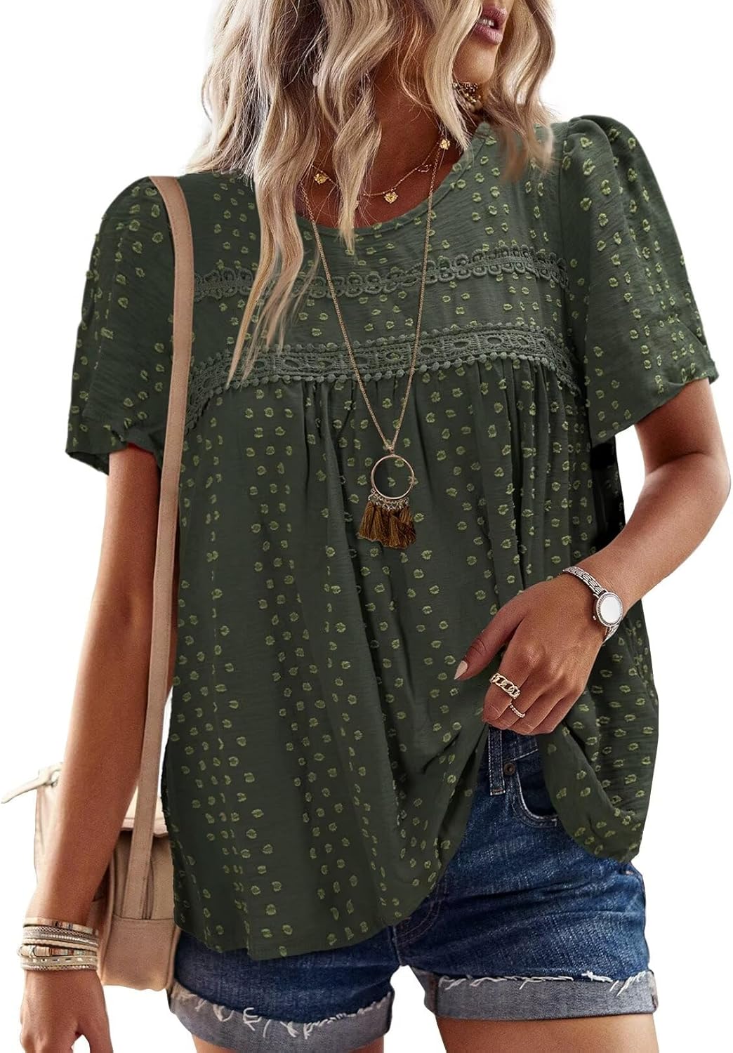 Womens Summer Tops Crewneck Short Sleeve Casual Chiffon Blouses