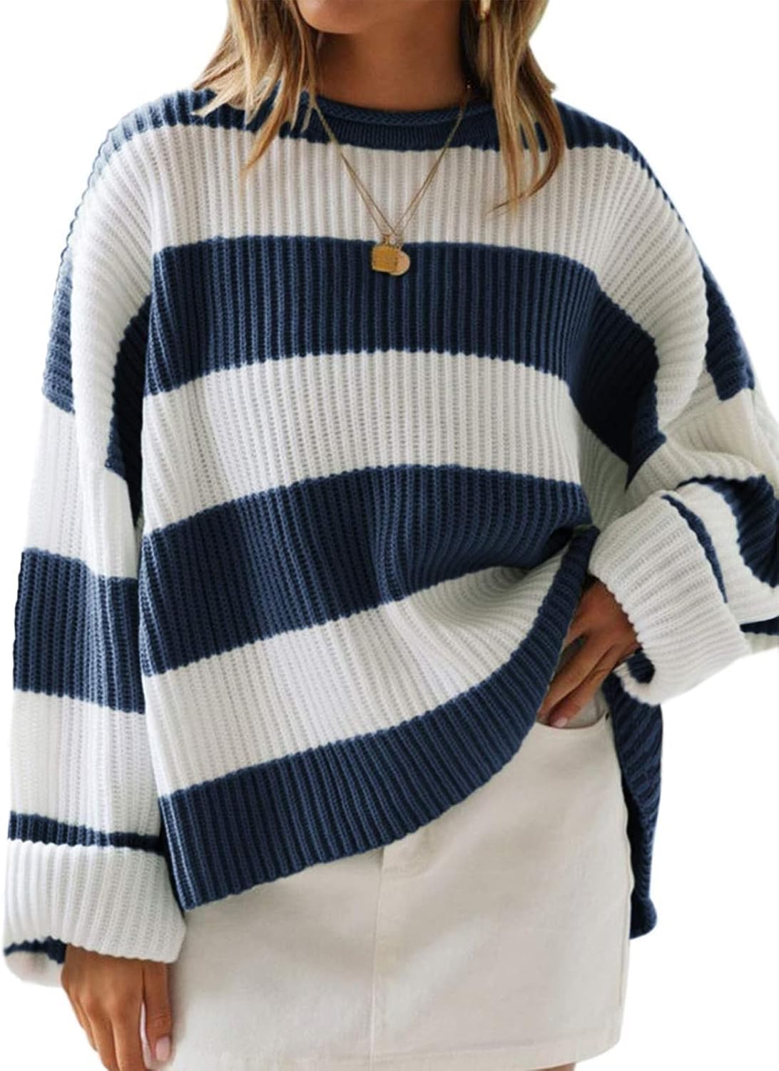 ZESICA Women's Oversized Striped Color Block Sweater for Fall