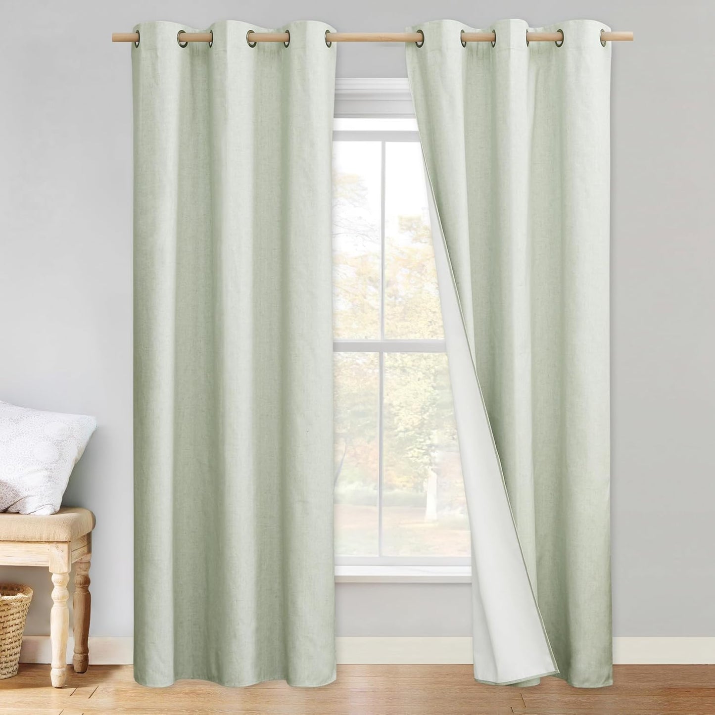 NICETOWN Sage Green 100% Blackout Linen Texture Curtains 90 in