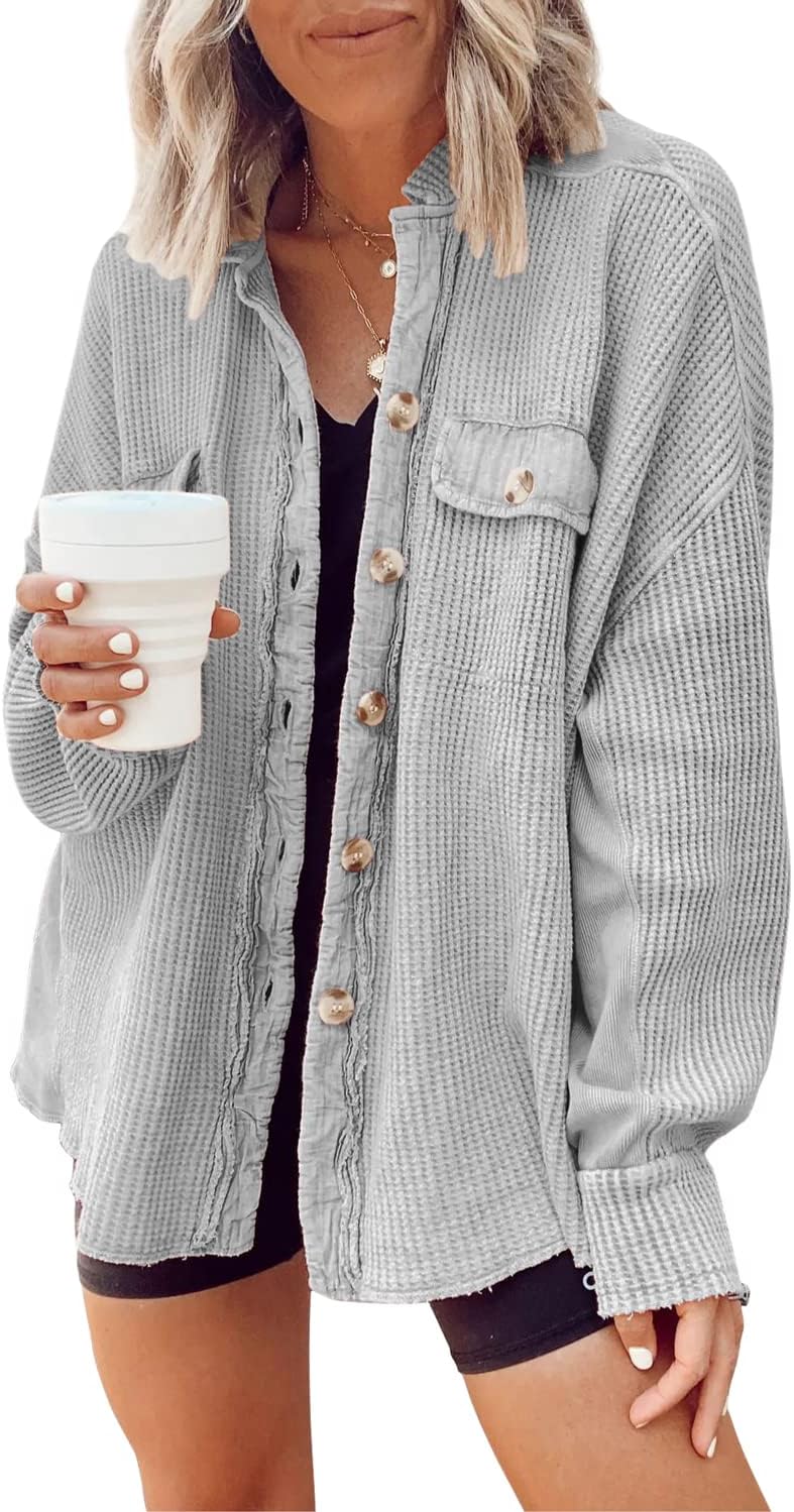 Chouyatou Women's Loose Fit Waffle Knit Button Down Shirt Shacket