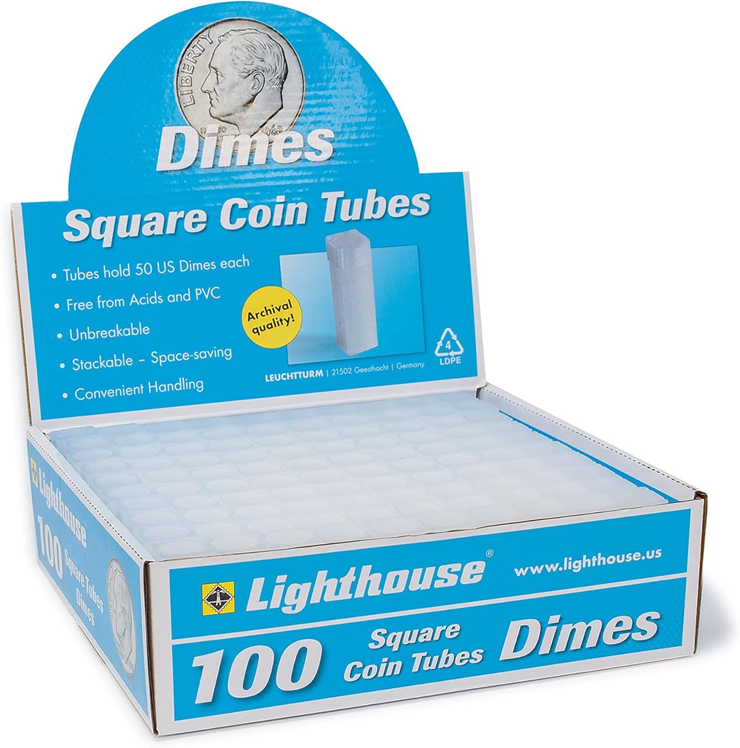 LIGHTHOUSE Square Coin Tubes for Dimes - 100 Pack Storage Solution