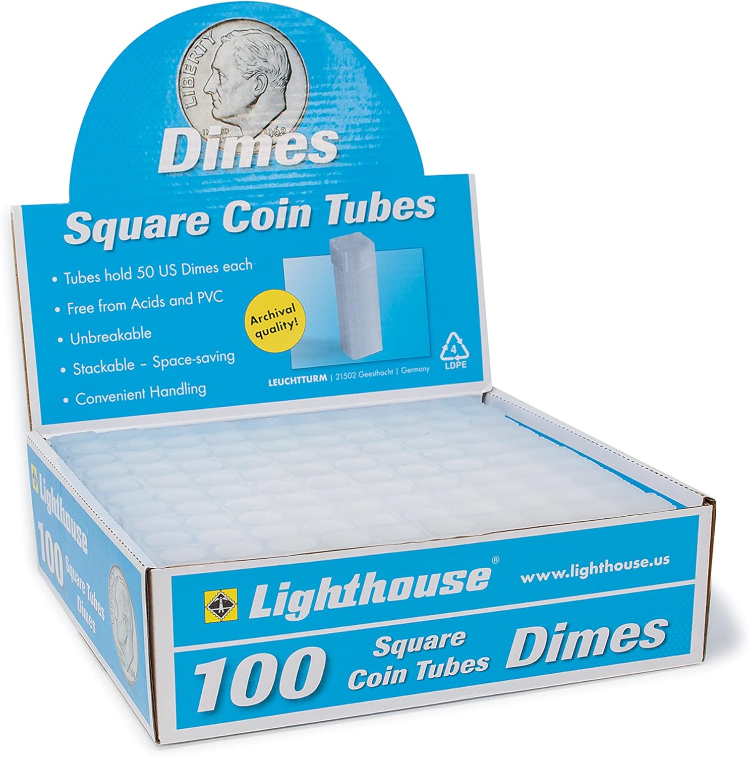 LIGHTHOUSE Square Coin Tubes for Dimes - 100 Pack Storage Solution