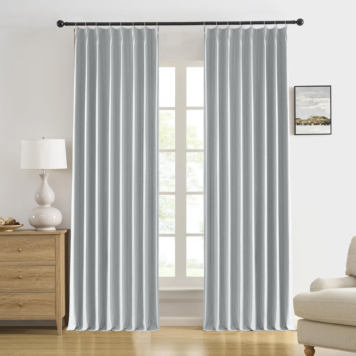 Light Grey Blackout Pinch Pleated Curtains for Bedroom 95 Inch