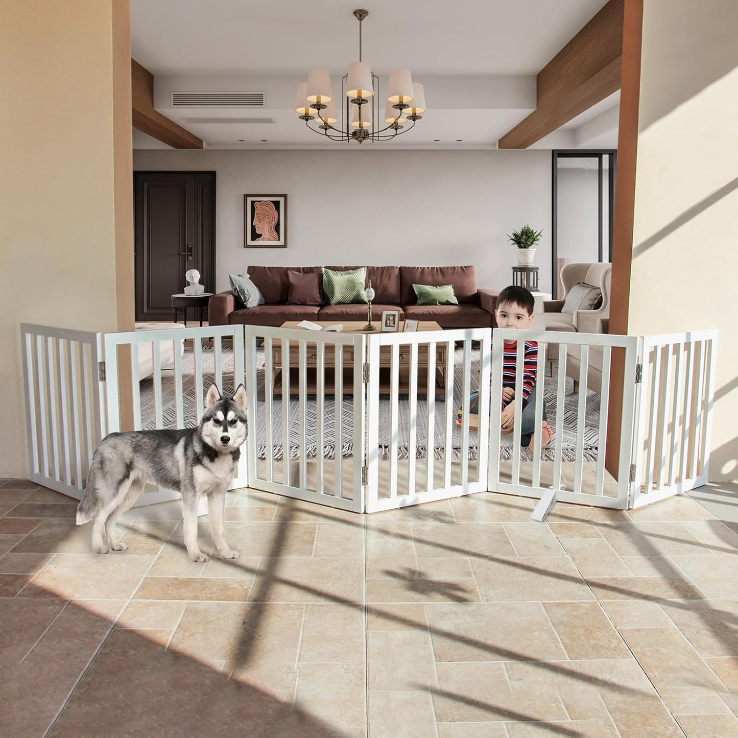 Freestanding Dog Gate Indoor, Expandable Wooden Pet Fence