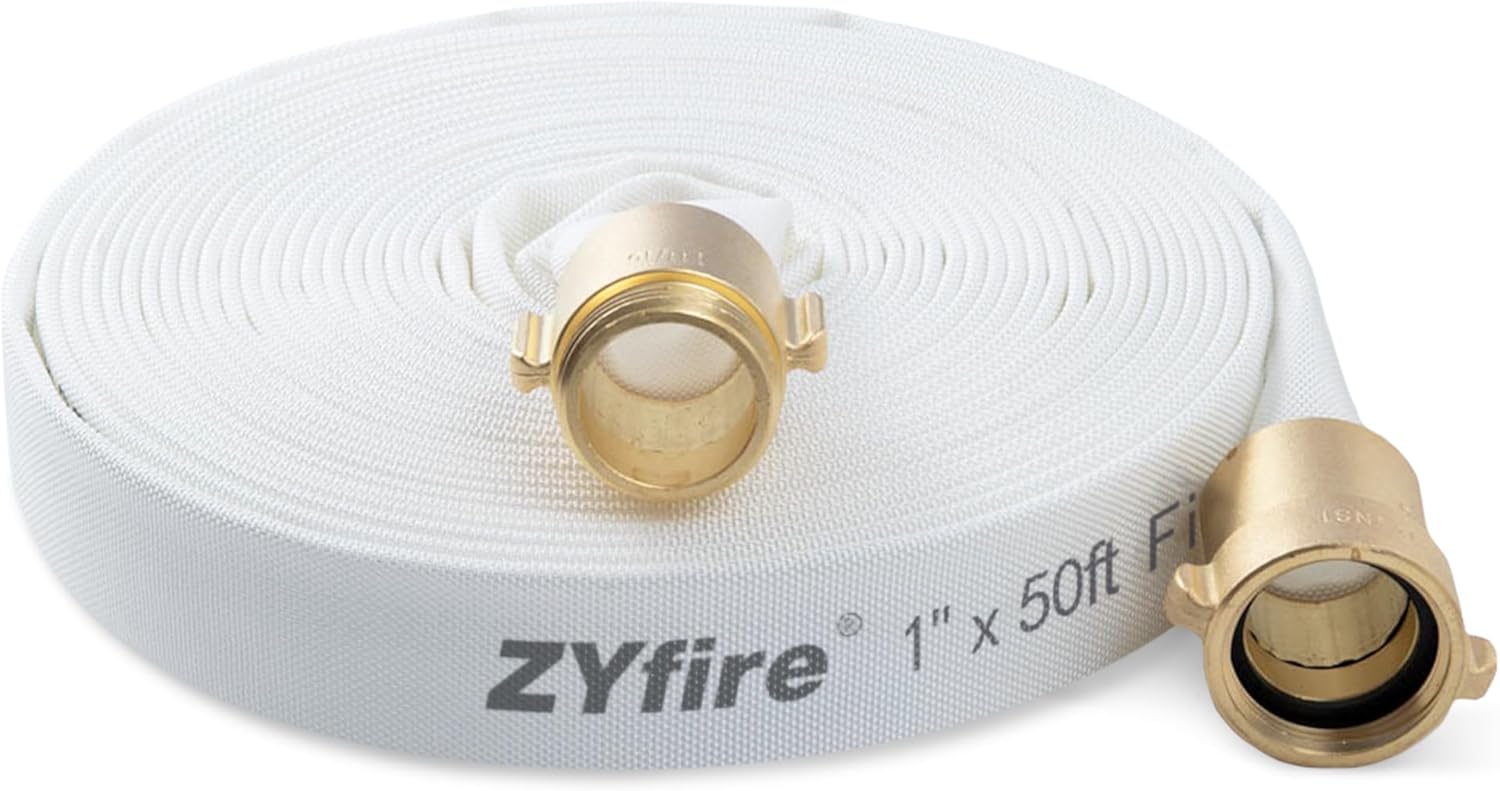 ZYfire 1in ID x 50 FT Fire Hose with Brass Couplings for Firefighting