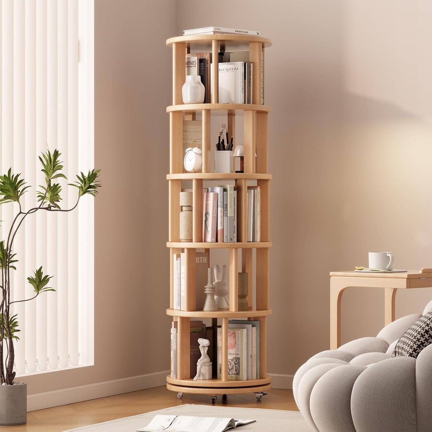 Solid Wood Rotating Bookshelf on Wheels for Small Spaces