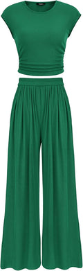 Women's Summer 2 Piece Outfits - Ribbed Crop Top & Wide Leg Pants