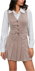 Women Plaid Skirt Set 2 Piece Blazer Vest and Pleated Mini - Work