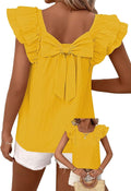 Womens Bow Tie Back Round Neck Ruffle Chiffon Top - Cute Tunic