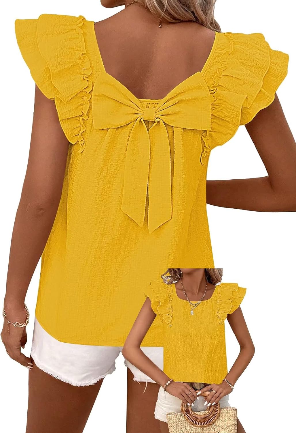 Womens Bow Tie Back Tops with Ruffle Short Sleeves for Summer