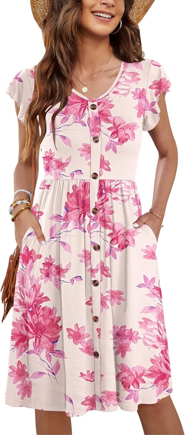 WNEEDU Women Summer Dresses Casual Loose Swing Midi Dress