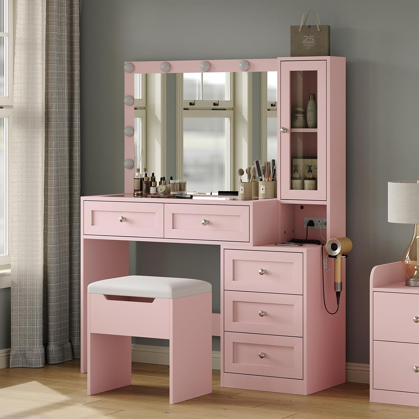 Modern Makeup Vanity with 11 Lights & Glass Top