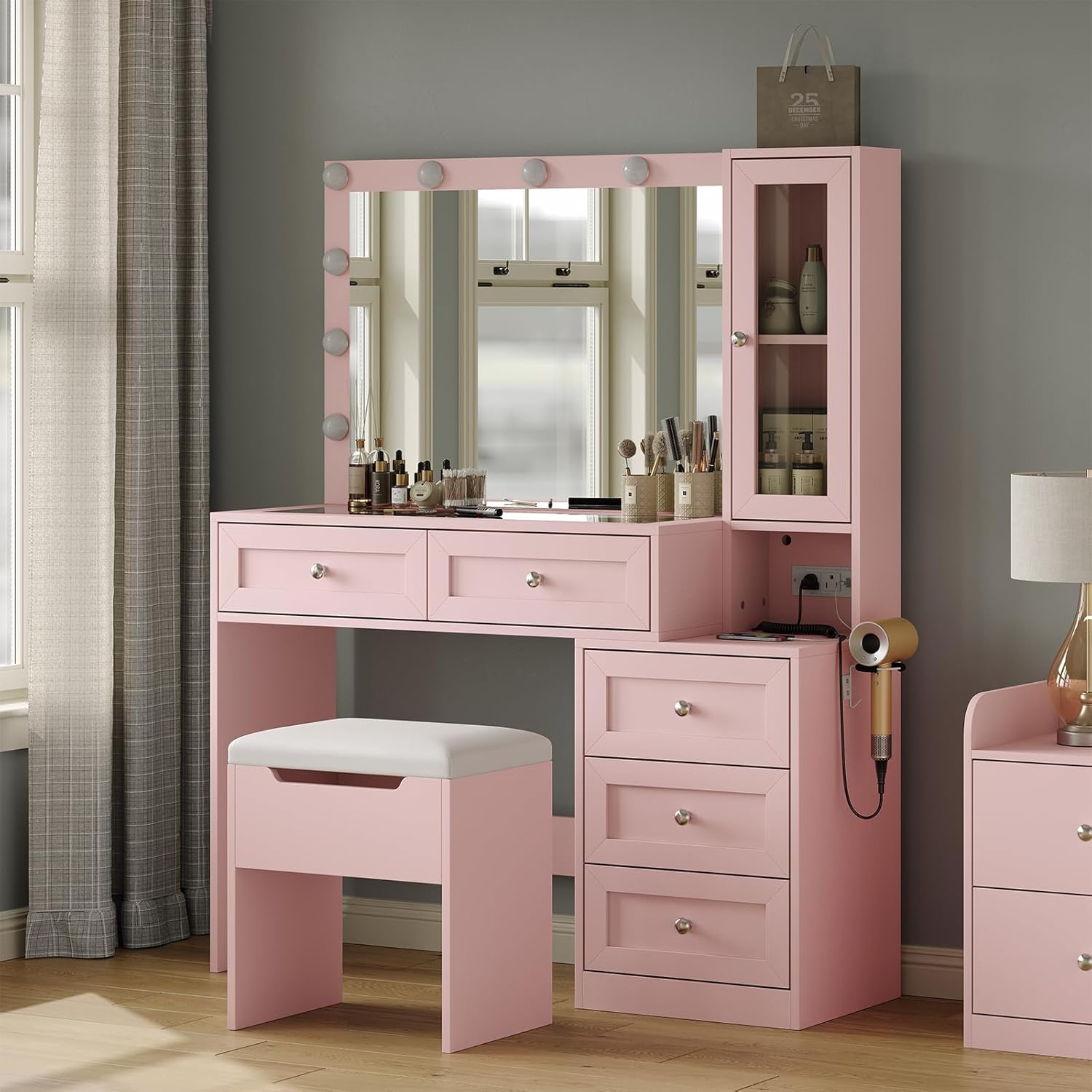 Modern Makeup Vanity with 11 Lights & Glass Top
