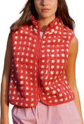 Womens Checkered Sherpa Vest Sleeveless Plaid High Neck Zip Up