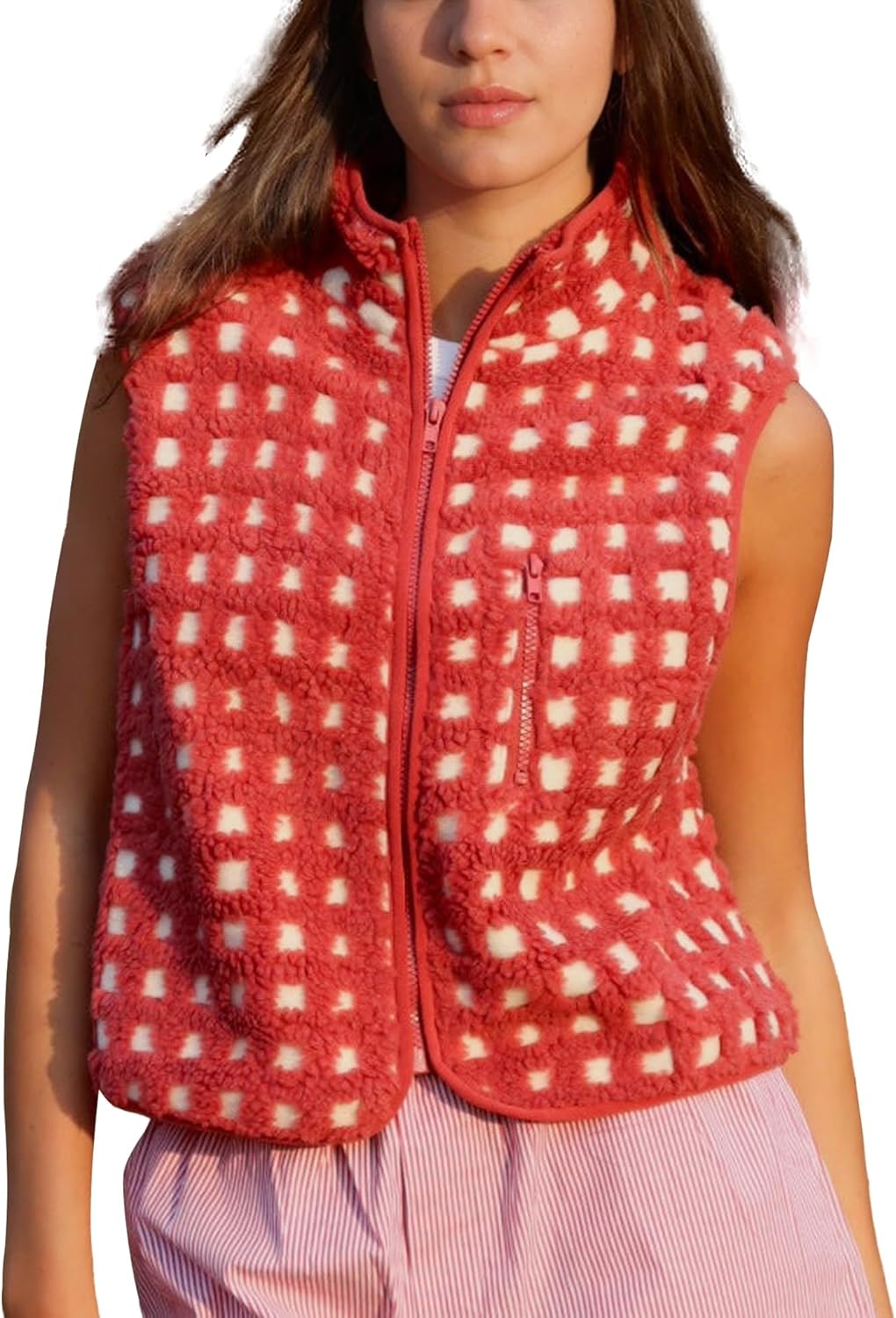 Womens Checkered Sherpa Vest for Stylish Winter Outfits
