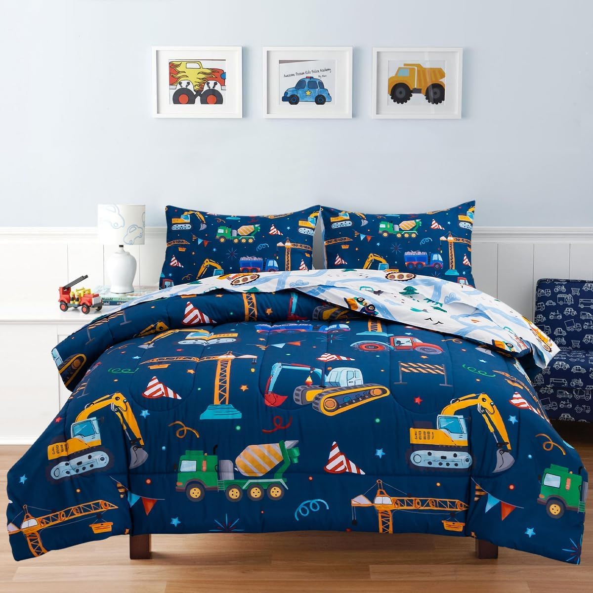 Boys Cartoon Construction Car Bedding Comforter Set Full Size