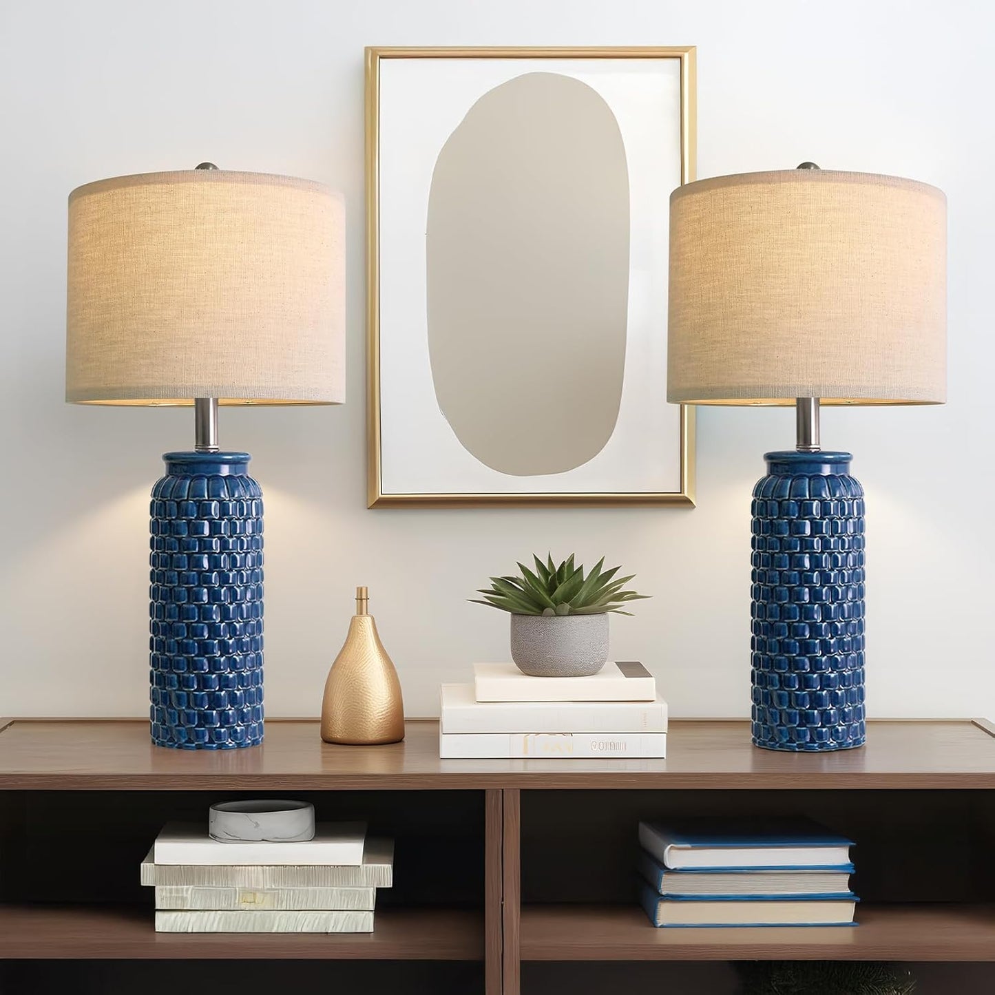 Modern Ceramic Dark Blue Bedside Lamp Set of 2 for Bedroom