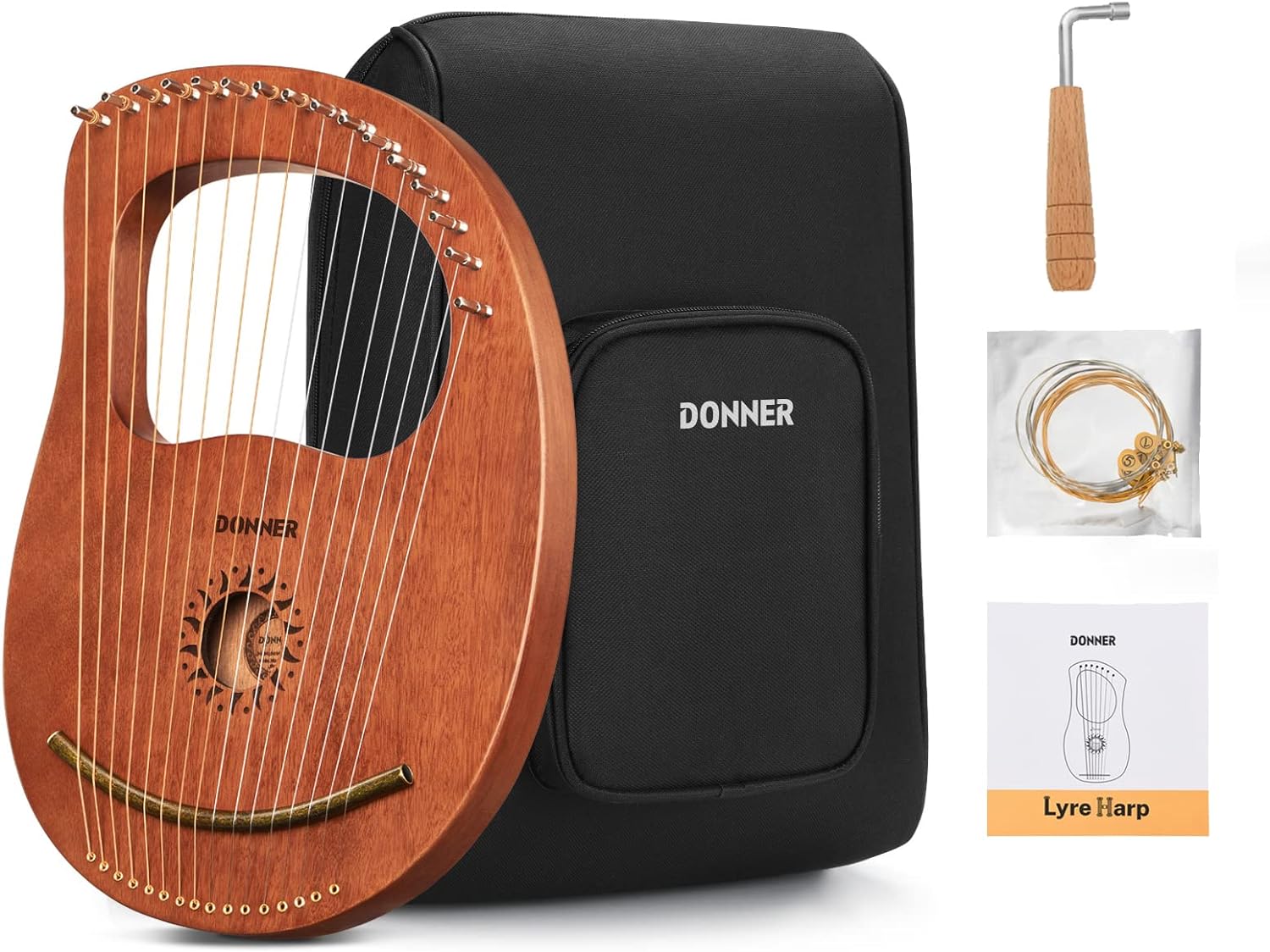 Donner Lyre Harp with 16 Metal Strings and Mahogany Body